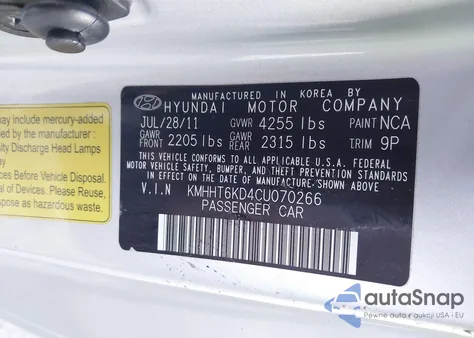 2012 Hyundai Genesis 2.0T Premium from USA, damaged, VIN KMHHT6KD4CU070266